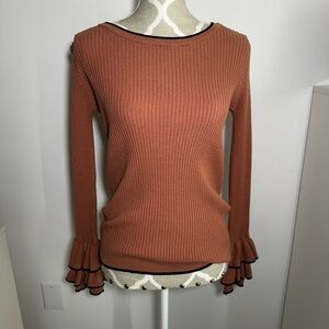 Rust Ribbed Sweater with Ruffle Sleeves